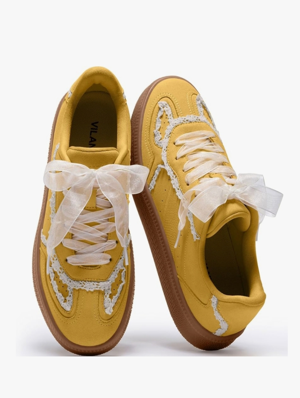 Vilanva NWT Faux Suede Lace Trim Sneaker Trainers In Mustard Yellow Size 8.5